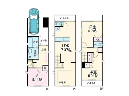 名古屋市東山線 本陣駅 徒歩5分 3階建 築3年(2SLDK)の間取り写真