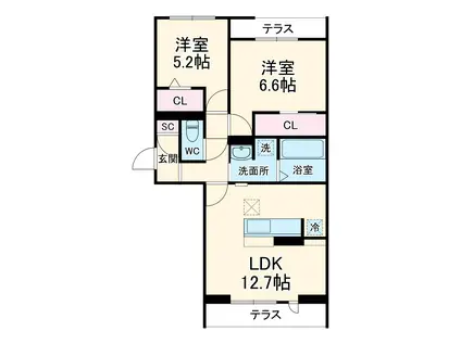 フルール(2LDK/1階)の間取り写真