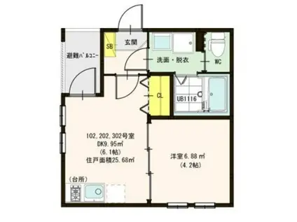 ハーモニーテラス高道町6(1DK/3階)の間取り写真