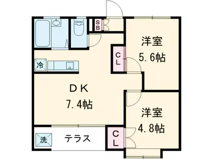 グリーンウェーブ北の台(2DK/3階)の間取り写真
