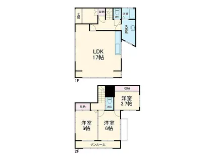 京成電鉄松戸線 滝不動駅 徒歩20分 2階建 築46年(3LDK)の間取り写真