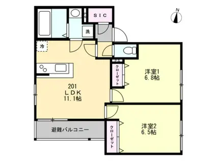 コスモリーヴ茅ヶ崎(2LDK/2階)の間取り写真