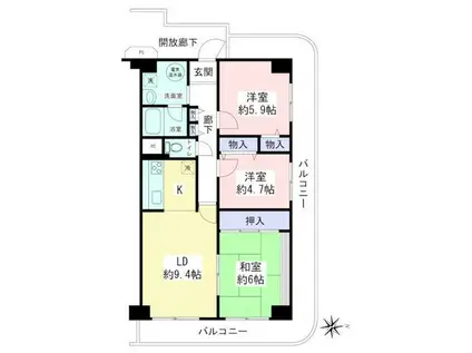 ユニハイム本厚木(3LDK/1階)の間取り写真