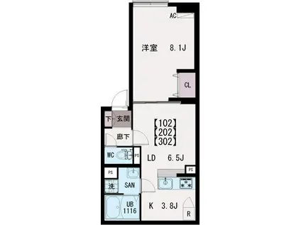 イクシオ羽沢(1LDK/2階)の間取り写真