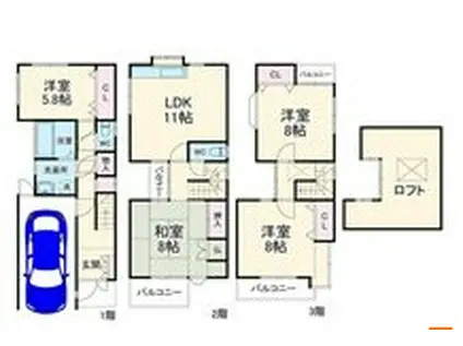 ＪＲ東西線 新福島駅 徒歩3分 3階建 築29年(4LDK)の間取り写真