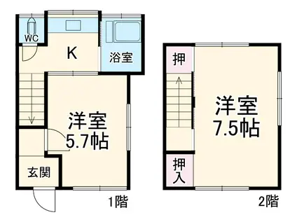 東武伊勢崎・大師線 一ノ割駅 徒歩13分 2階建 築55年(2DK)の間取り写真
