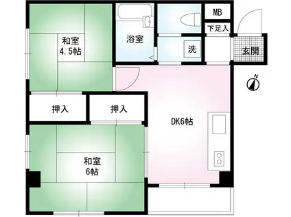 東武伊勢崎・大師線 竹ノ塚駅 徒歩22分 3階建 築39年(2DK/3階)の間取り写真