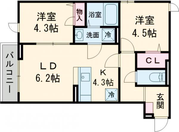 グラナーデ扇Ⅰ D(2LDK/2階)の間取り写真