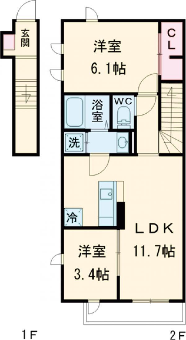 ロイジェント梅丘(2LDK/2階)の間取り写真