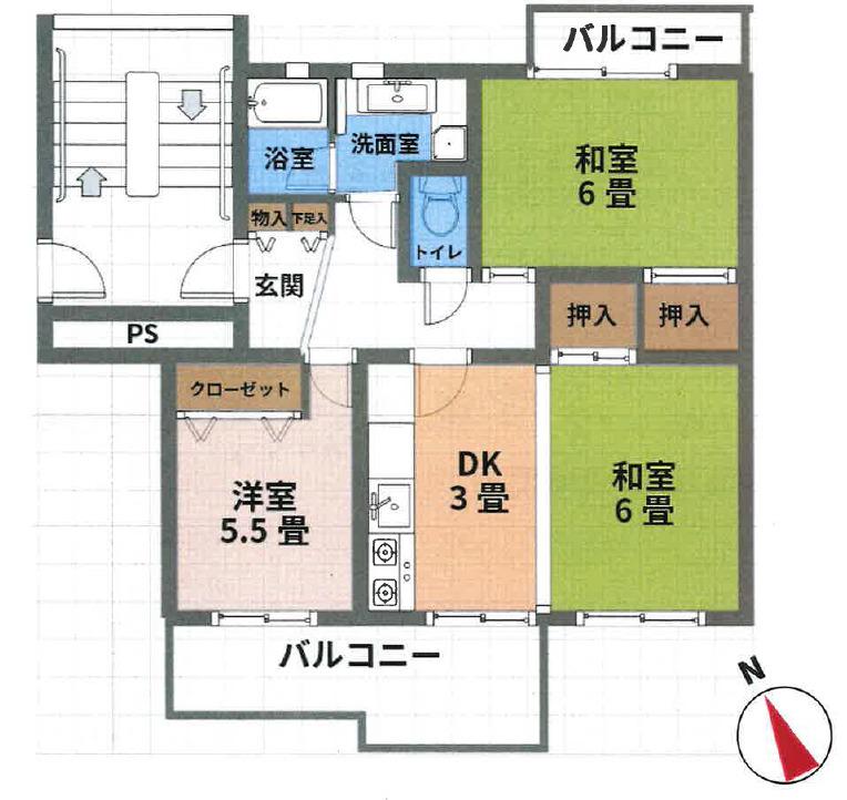 稲毛高浜団地23号棟 4号棟(3K/4階)の間取り写真