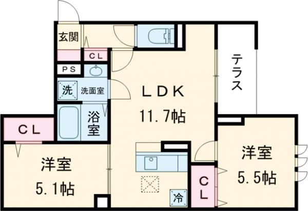 セレスティア鷺宮Ⅱ(2LDK/1階)の間取り写真