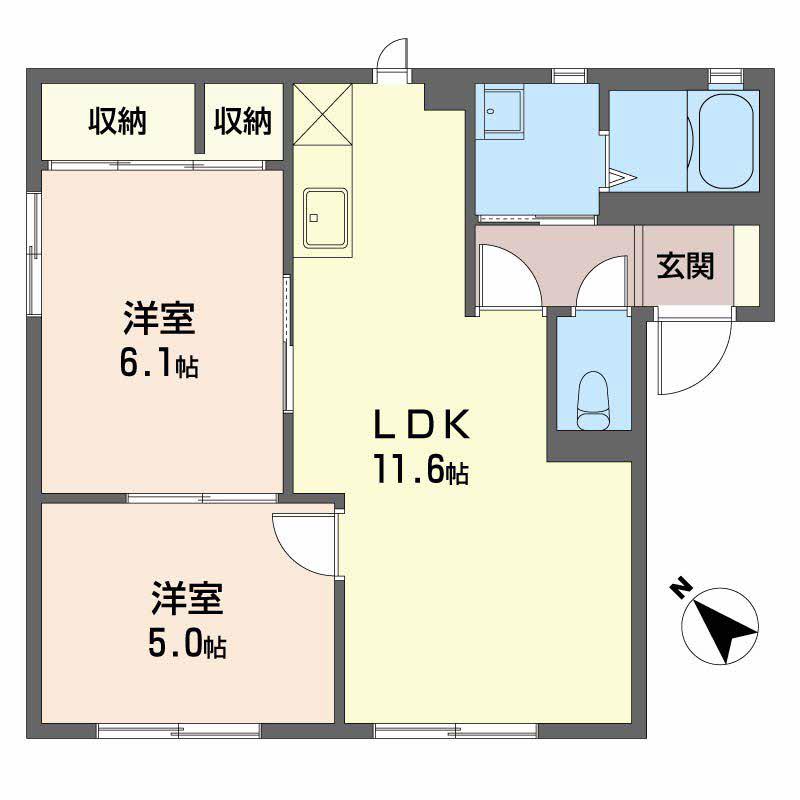 GREEN HILLS 西尾(2DK/1階)の間取り写真