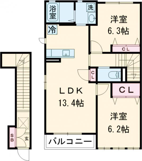 カーサフェリーチェⅠ(2LDK/2階)の間取り写真