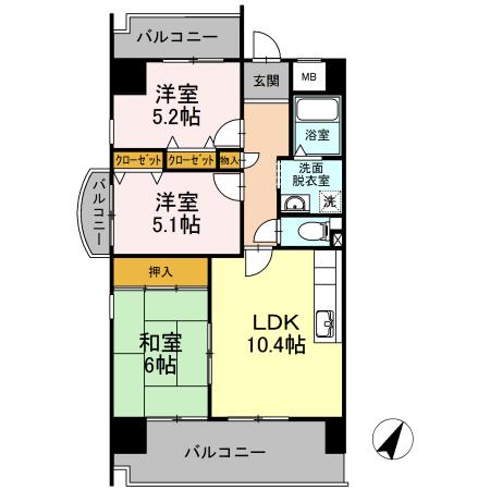 アーバンドエル原(3LDK/5階)の間取り写真