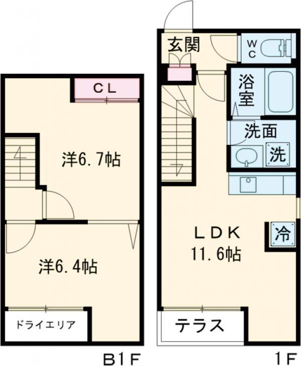 グランパセオ大岡山Ⅱ(2LDK/-1階)の間取り写真