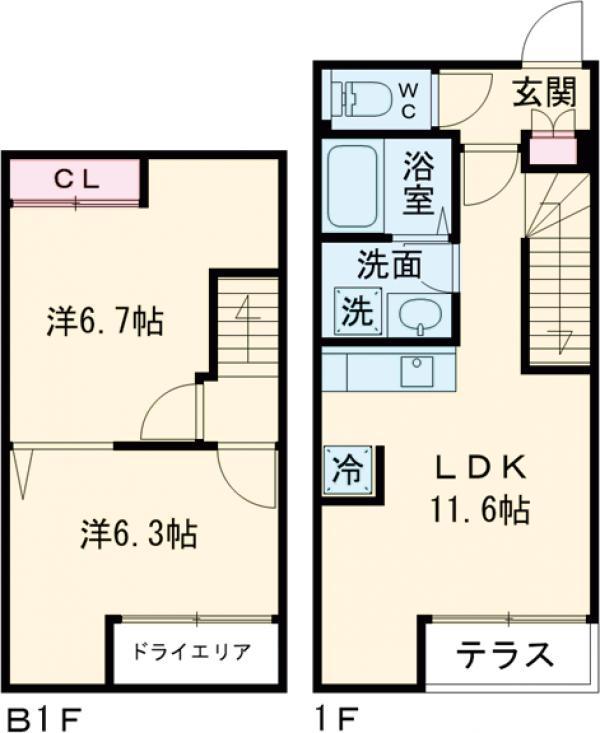グランパセオ大岡山Ⅱ(2LDK/-1階)の間取り写真