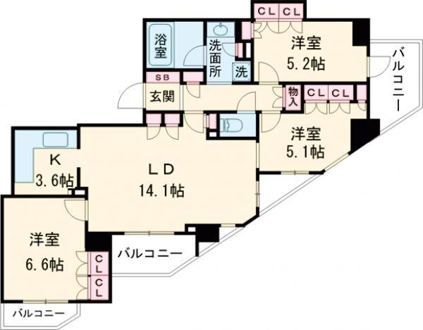 クリオ京王八王子ビサイド(3LDK/14階)の間取り写真