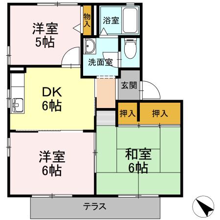 サンビレッジD棟(3DK/1階)の間取り写真