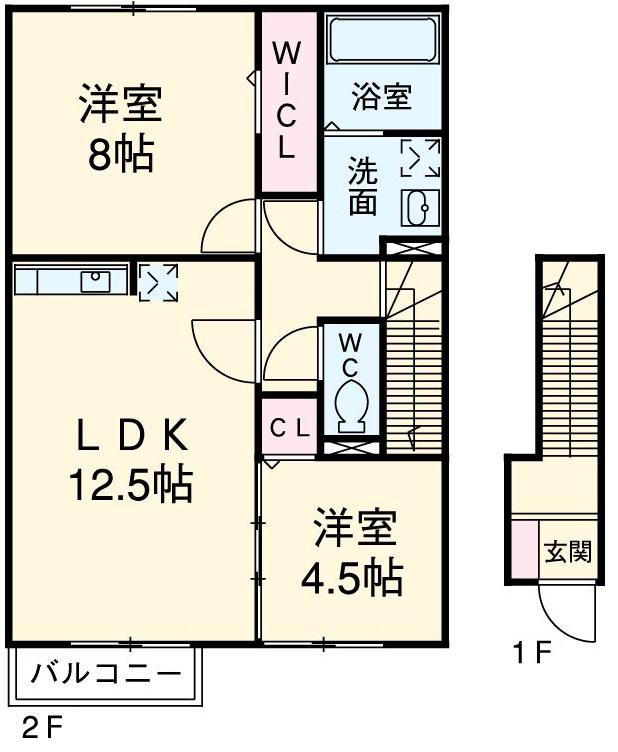 フォンターナB棟(2LDK/2階)の間取り写真