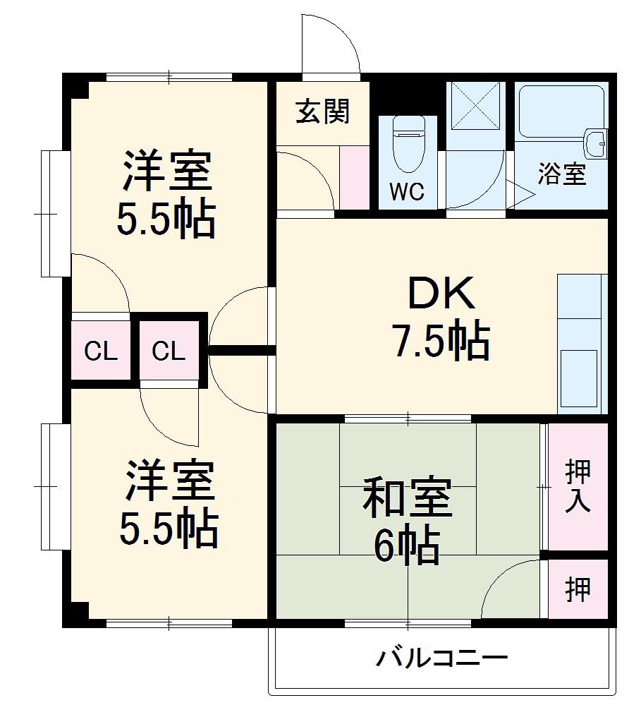 初瀬川ハイツ(3DK/3階)の間取り写真