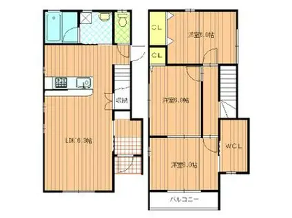 名古屋市東山線 藤が丘駅(愛知) 徒歩6分 2階建 築14年(3LDK)の間取り写真