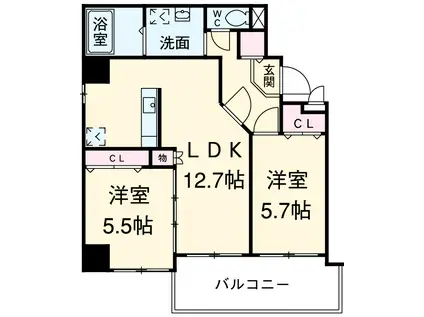 プライムコート(2LDK/9階)の間取り写真