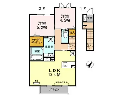 セジュール ココア(2LDK/2階)の間取り写真