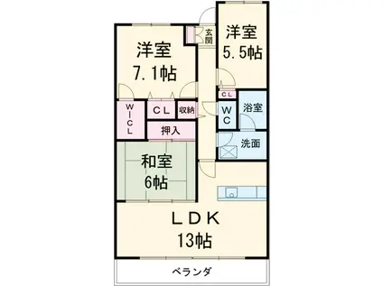 ヒューニティ高崎(3LDK/5階)の間取り写真