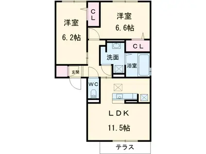 ファミーユ B棟(2LDK/1階)の間取り写真