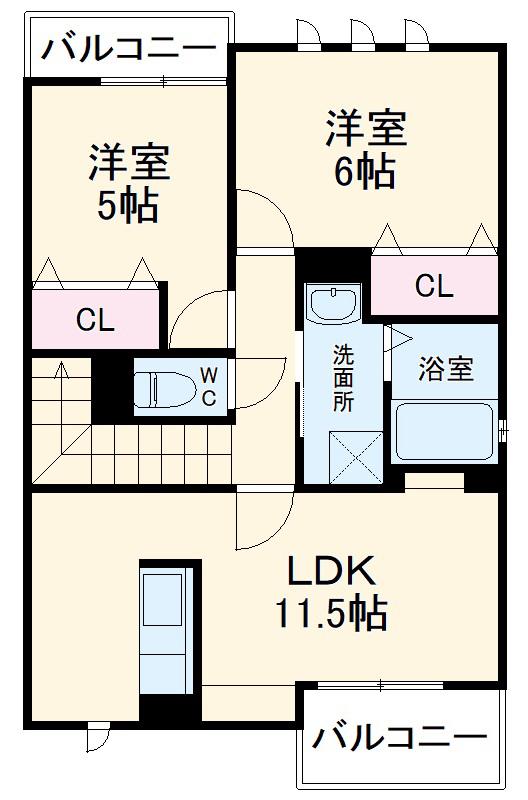 ディアコートKⅥ 北棟(2LDK/2階)の間取り写真