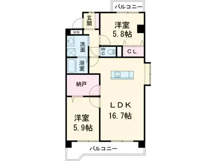 クレッセンド清水ヶ岡(2SLDK/1階)の間取り写真