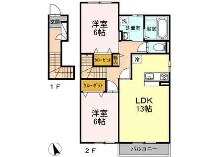 越の山ハイツ B(2LDK/2階)の間取り写真