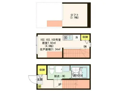 ハーモニーテラス伊興(ワンルーム/1階)の間取り写真