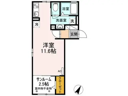 セジュールKFⅡ(ワンルーム/2階)の間取り写真