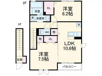 セレスティンワール B棟(2LDK/2階)の間取り写真