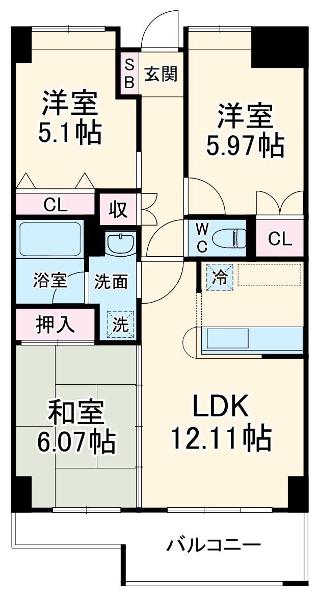 コスモリード本厚木(3LDK/5階)の間取り写真
