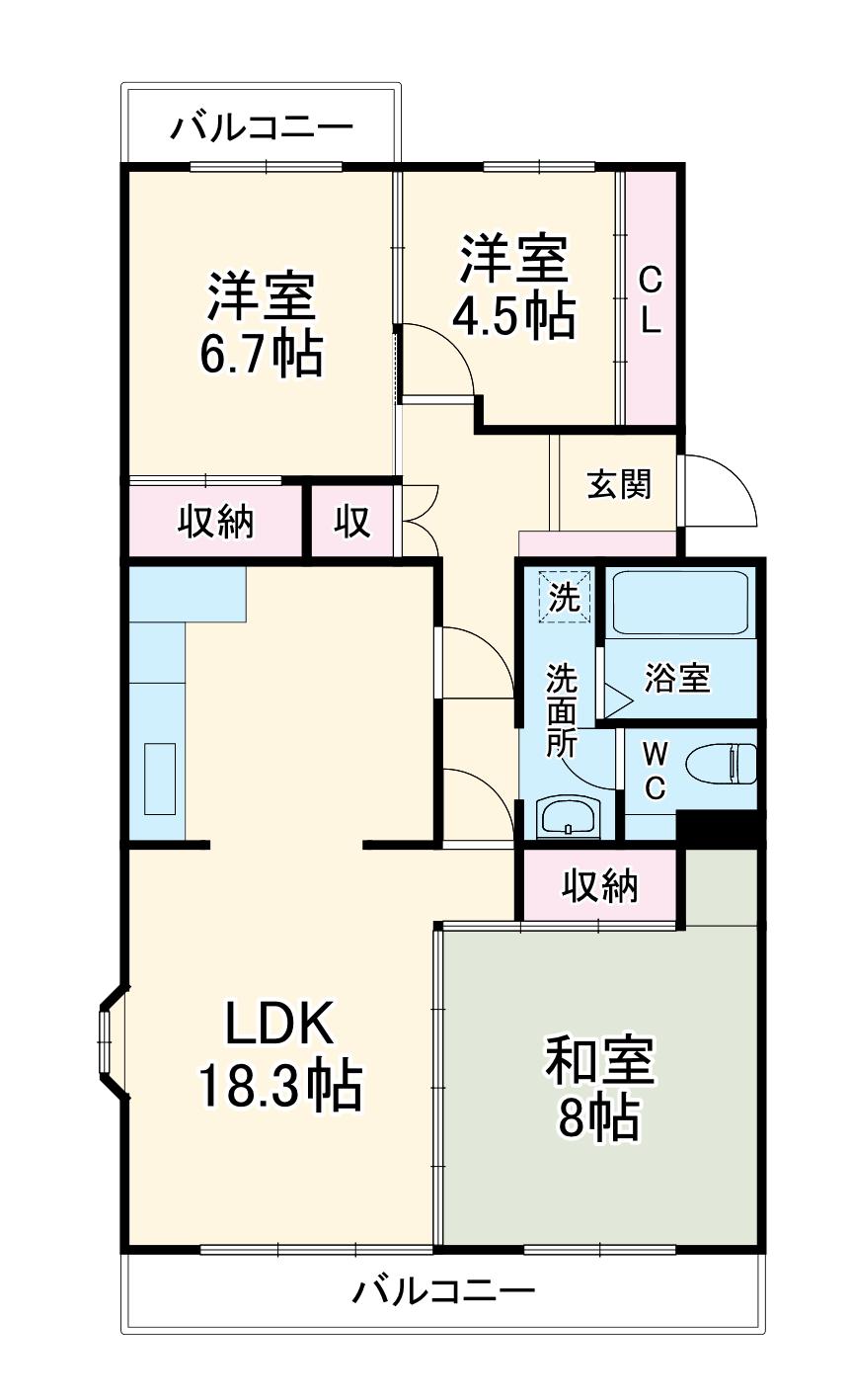 芳川ハイツ1号棟(3LDK/2階)の間取り写真