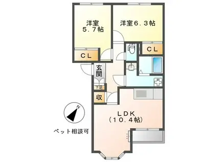 サンオールドリバー(2LDK/2階)の間取り写真