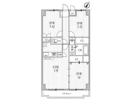 サンライズヒル朝日ヶ丘A棟(3LDK/1階)の間取り写真