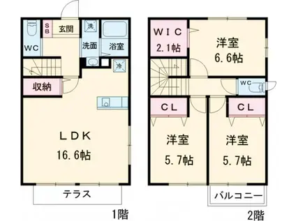 ボヌール鵜野森Ｂ(3LDK)の間取り写真
