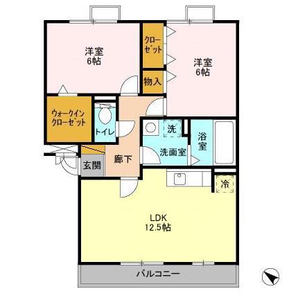レジデンスヒルズ A棟(2LDK/2階)の間取り写真