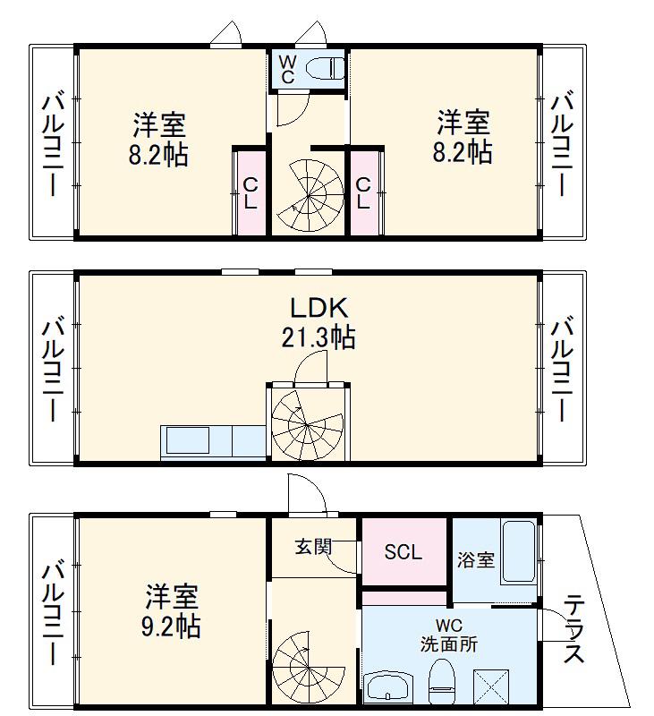 西枇杷島町テラスハウス(3LDK/1階)の間取り写真