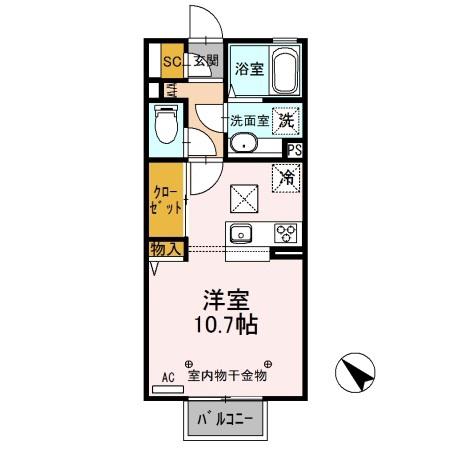 D-ROOM思川ローズ H(ワンルーム/1階)の間取り写真