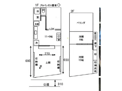 名鉄各務原線 細畑駅 徒歩10分 2階建 築68年(2LDK)の間取り写真