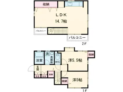 西武鉄道新宿線 上石神井駅 徒歩14分 2階建 築56年(2LDK)の間取り写真