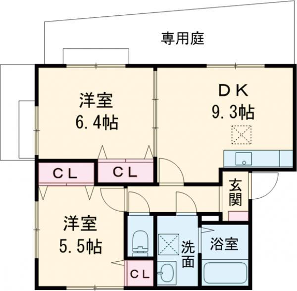 ウィング別府(2LDK/1階)の間取り写真