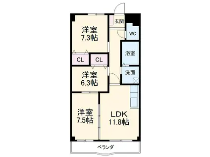 ロイヤル芝原 北館(3LDK/3階)の間取り写真