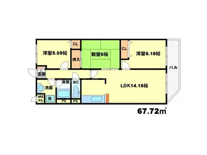 レスカーラ緑地公園(3LDK/1階)の間取り写真