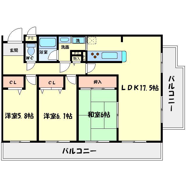 プライムコート北千里(3LDK/3階)の間取り写真