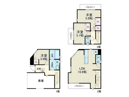 東急東横線 元住吉駅 徒歩13分 3階建 築4年(3LDK)の間取り写真